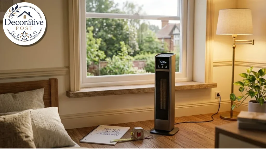 Electric heater beside a notepad calculating the BTU needed to heat a 200 square foot room