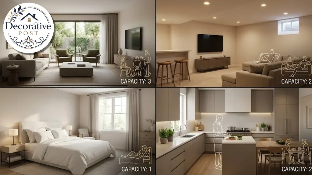 Four rooms each labelled with a different BTU capacity based on its use