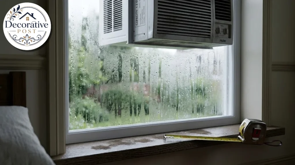 Condensation on a bedroom window in a cool room cooled by an oversized air conditioner