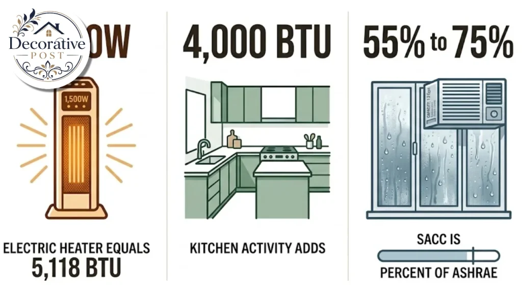 Infographic summarising three key BTU facts for sizing heaters and air conditioners