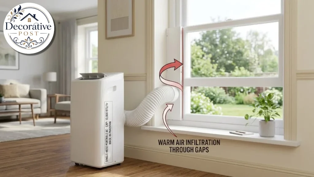 Single-hose portable air conditioner with its exhaust hose through a window panel