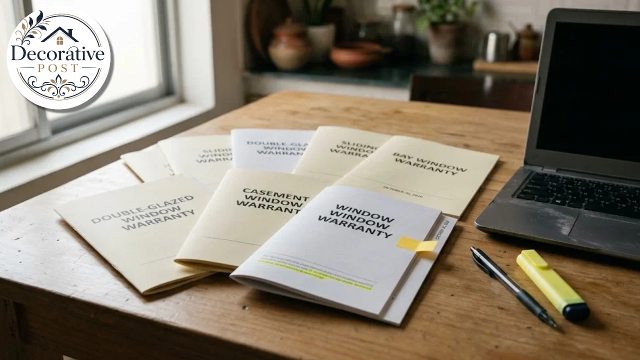 Several window warranty documents spread on a table with key terms highlighted