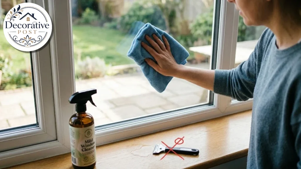 Cleaning a window with a microfibre cloth and mild cleaner, avoiding razor blades
