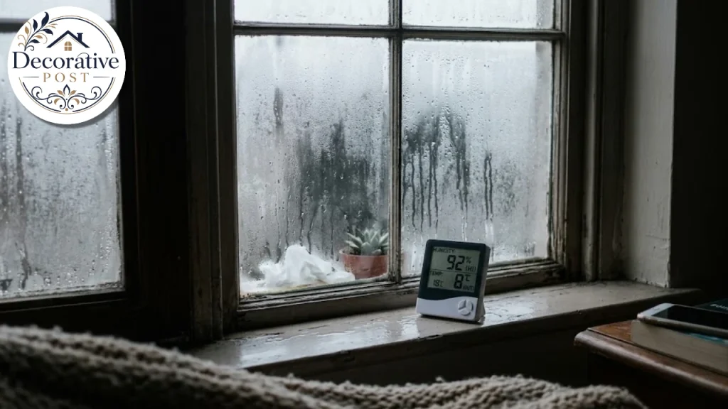 Interior window condensation with a hygrometer showing high humidity