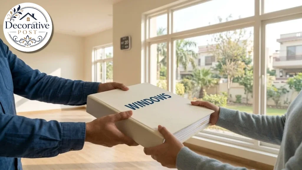 Handing a binder of window paperwork to a new homeowner in an empty living room