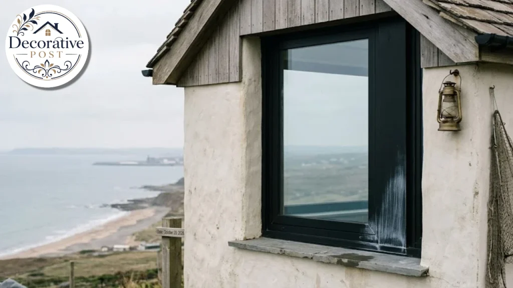Aluminium-clad window on a coastal house with light chalking on the frame