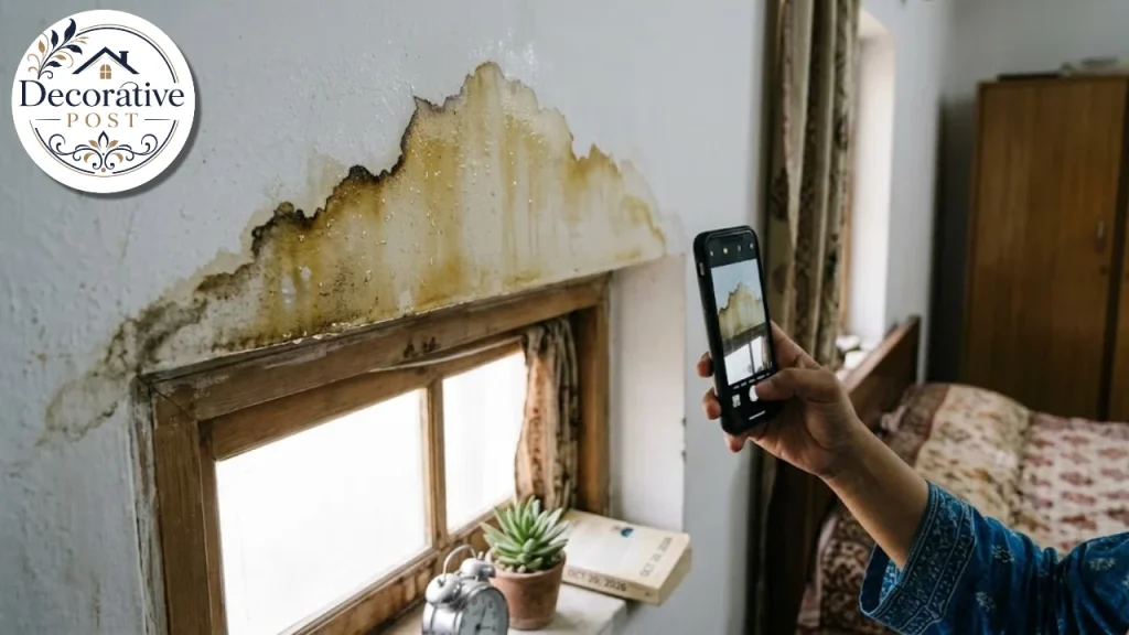 Photographing a water stain above a window head to document an installation problem