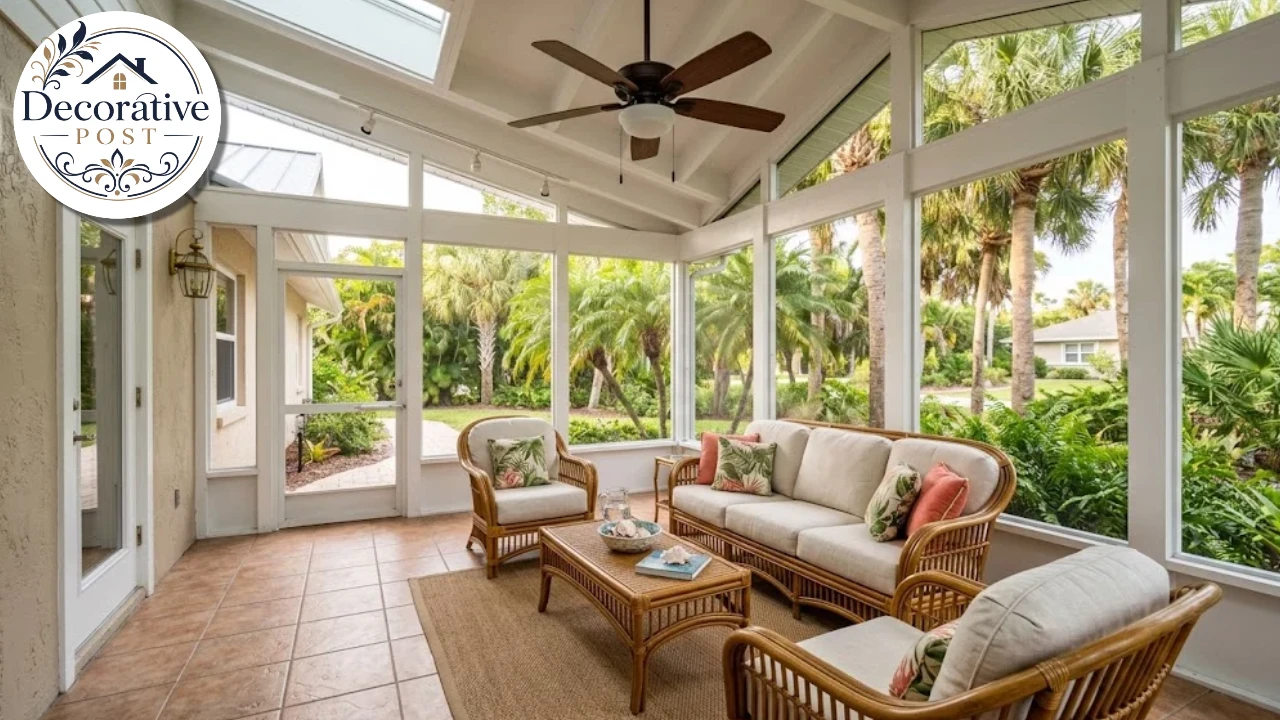 Screened Florida room with tile floor, rattan seating and a ceiling fan