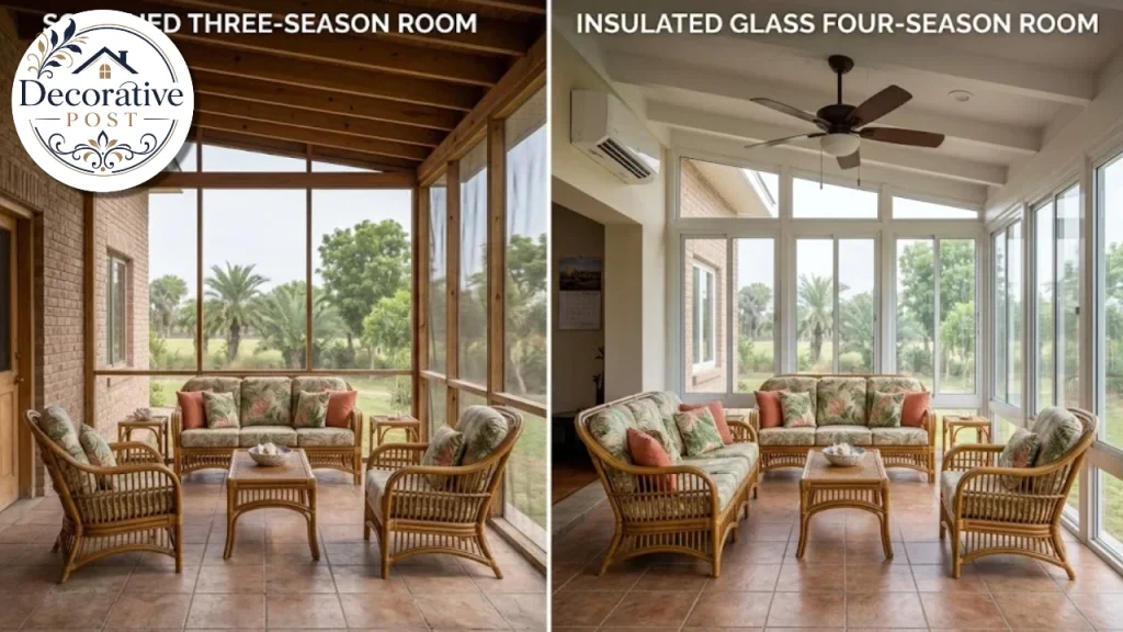 Three-season screened room compared with a four-season glass sunroom