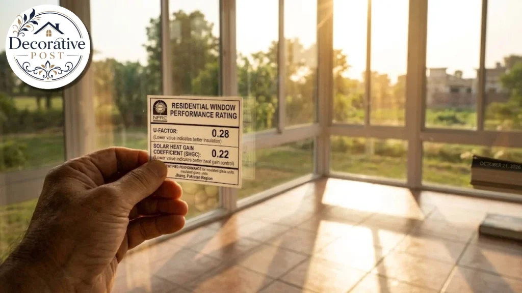 Sunlight through a sunroom window with an energy label showing SHGC and U-factor