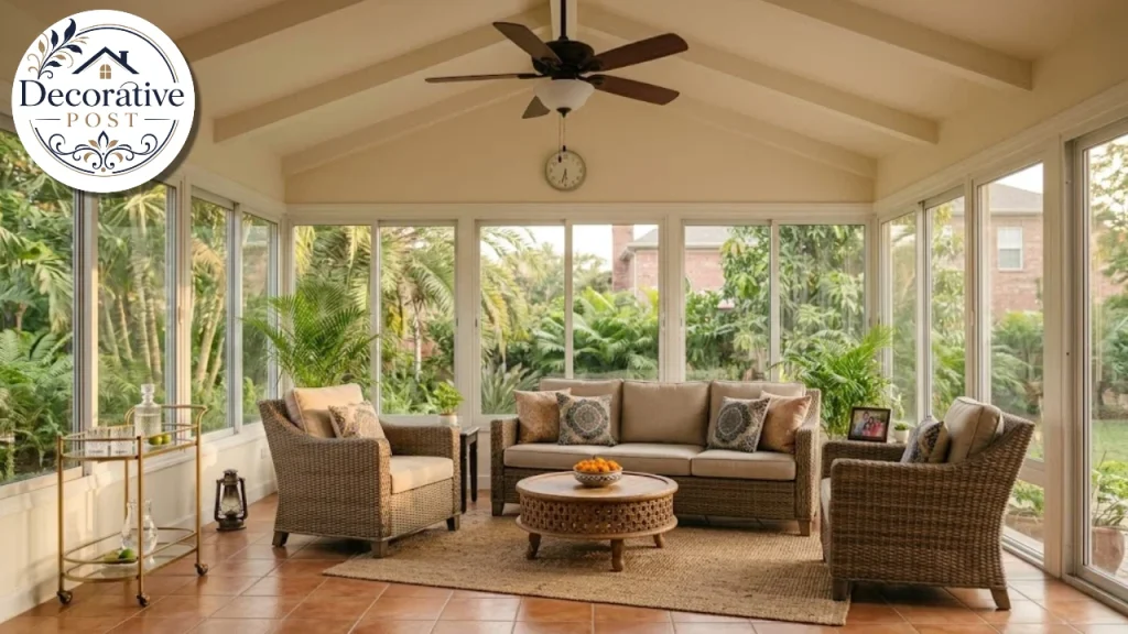 Furnished Florida room with a conversation seating group and a small bar cart