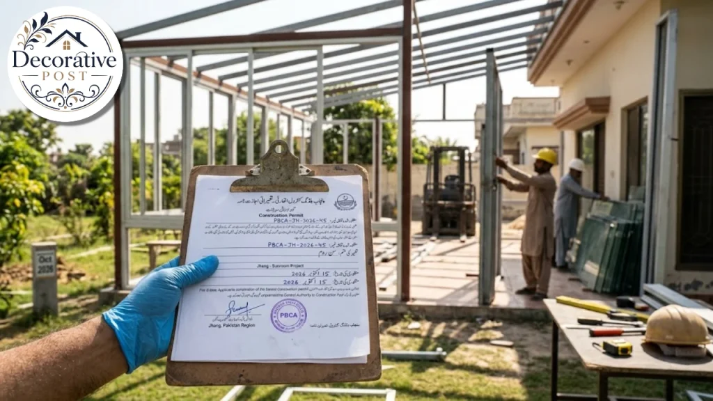 Permit paperwork on a clipboard at a sunroom construction site