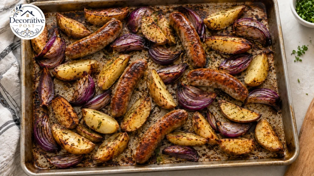 Sheet pan sausages and potatoes spaced out on a rimmed baking tray