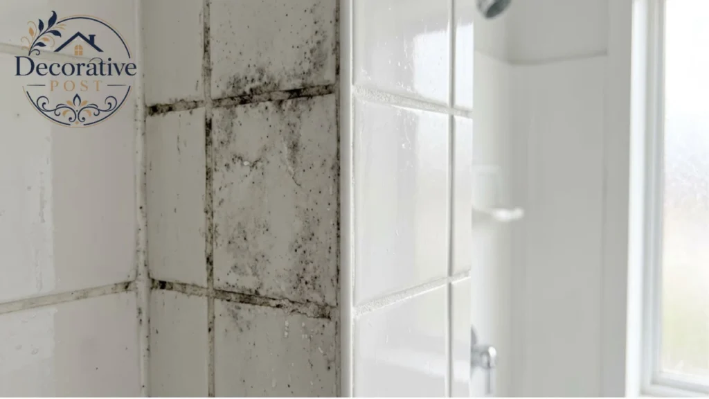 Shower tile grout shown half mouldy and half cleaned
