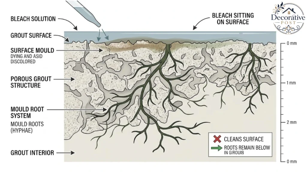 Diagram showing why bleach does not reach mould roots in porous grout