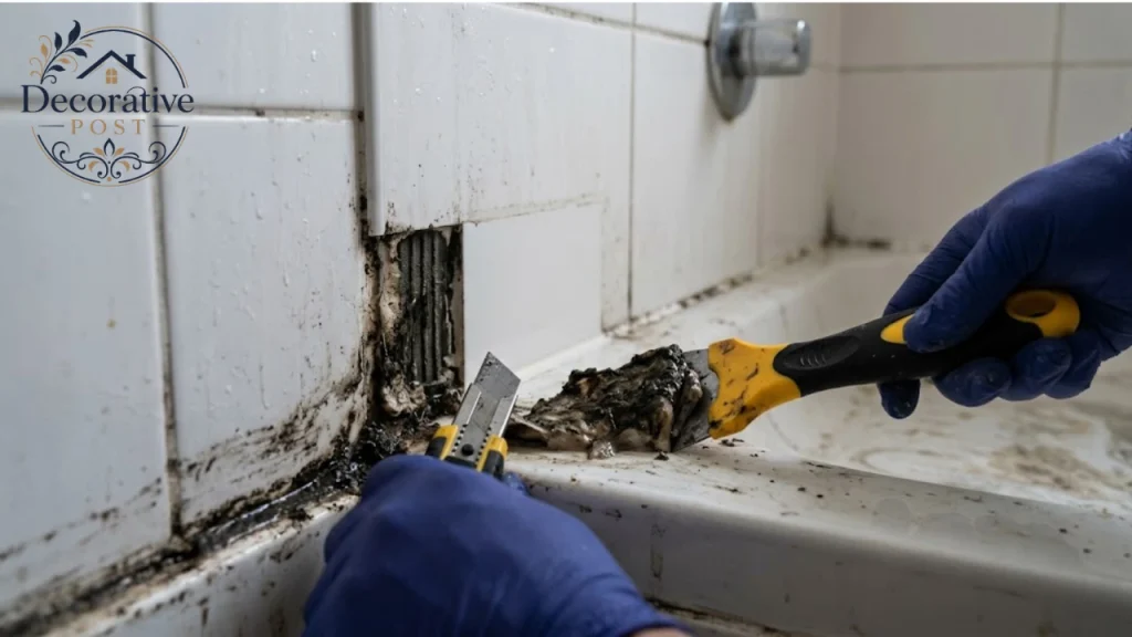 Removing mouldy silicone caulk from a shower tray joint