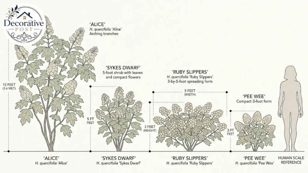 Scale comparison of oakleaf hydrangea cultivars from 12 feet down to 3 feet