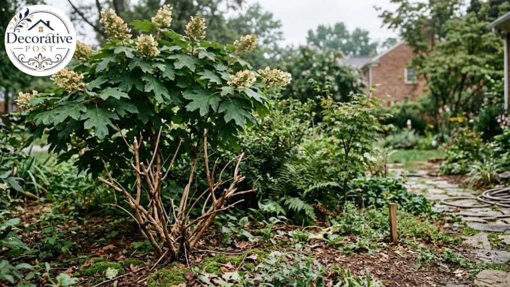 Oakleaf hydrangea with lower stems stripped by deer browsing