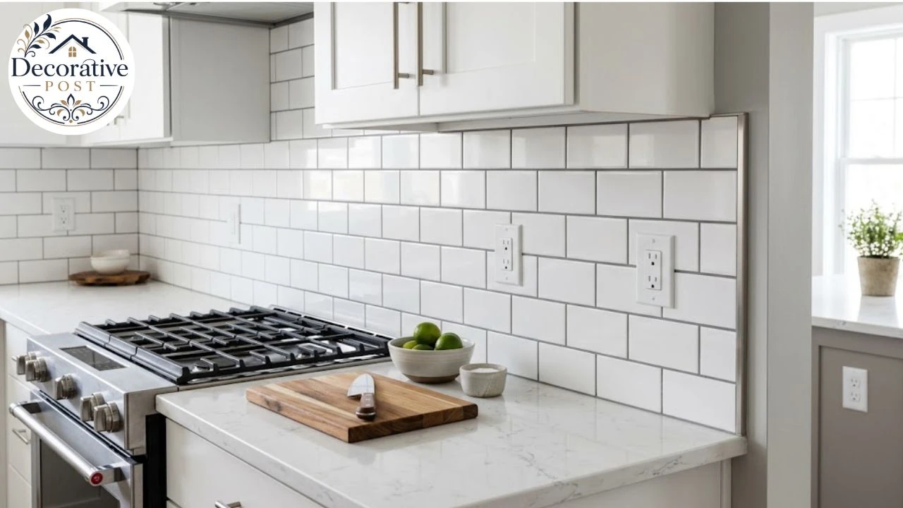 White subway tile kitchen backsplash with grey grout, flush outlets and metal edge trim