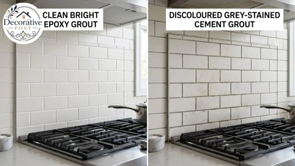 Comparison of clean epoxy grout against discoloured cement grout on a backsplash