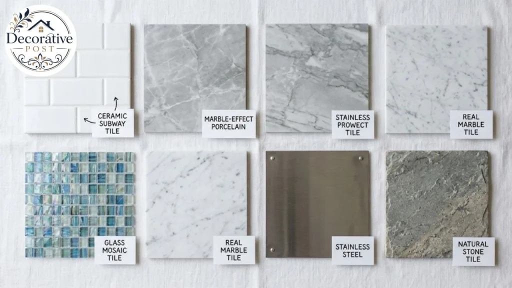 Backsplash material samples including ceramic, porcelain, glass, marble and stainless steel
