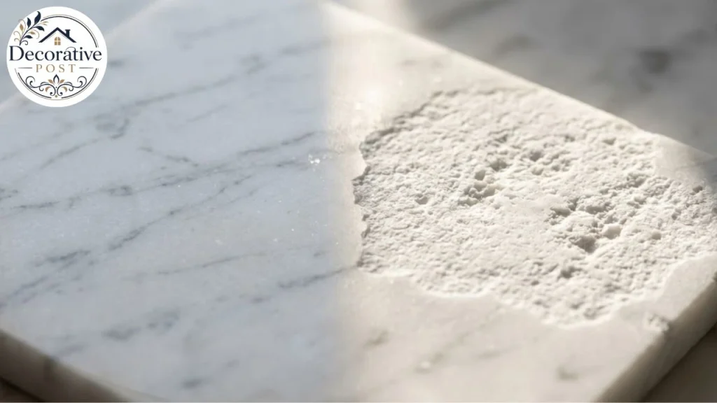 Acid etching on polished marble showing a dulled patch beside undamaged stone