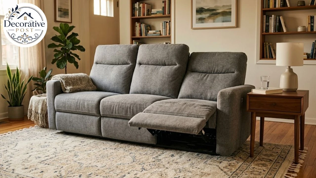 Three-seat reclining sofa in a living room with one end reclined and footrest extended