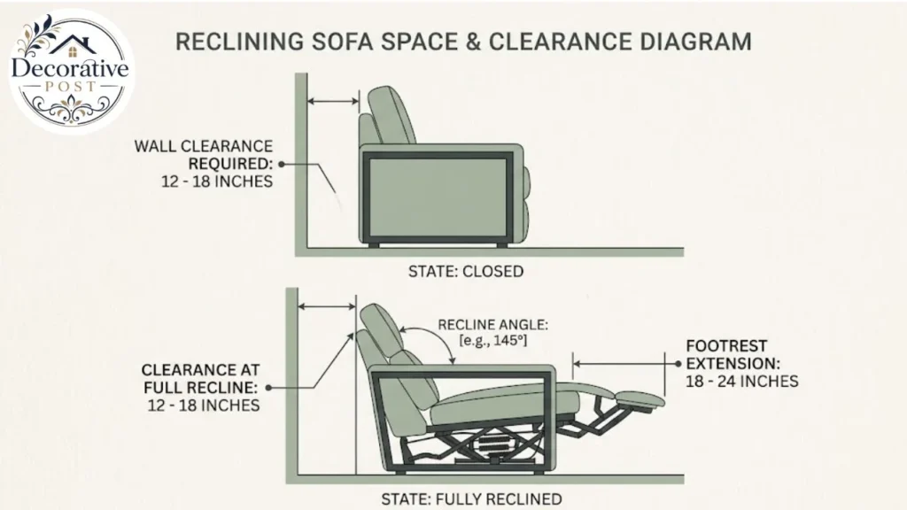 Diagram showing wall clearance behind and footrest extension in front of a reclining sofa