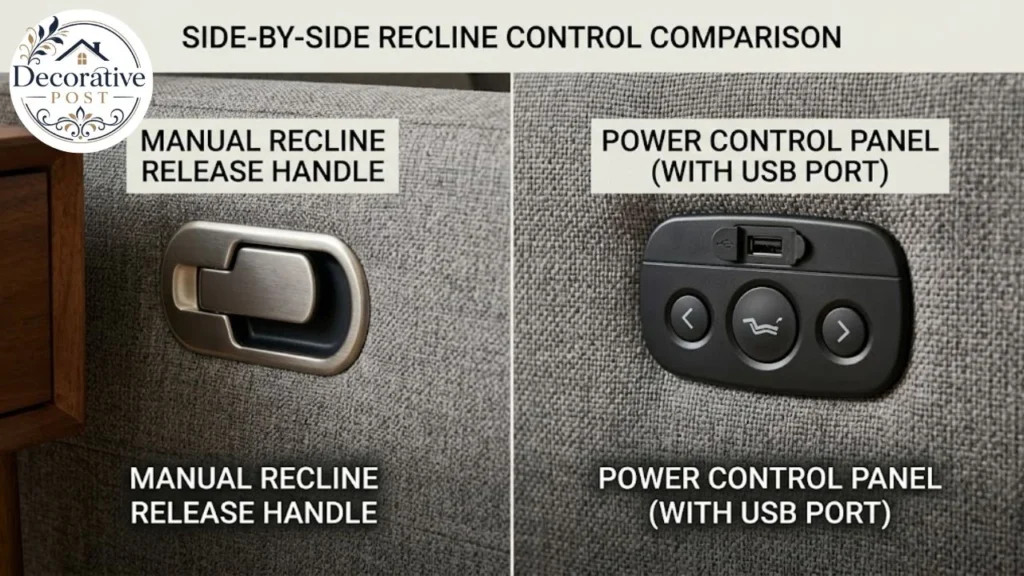 Manual recliner release handle compared with a power control panel and USB port