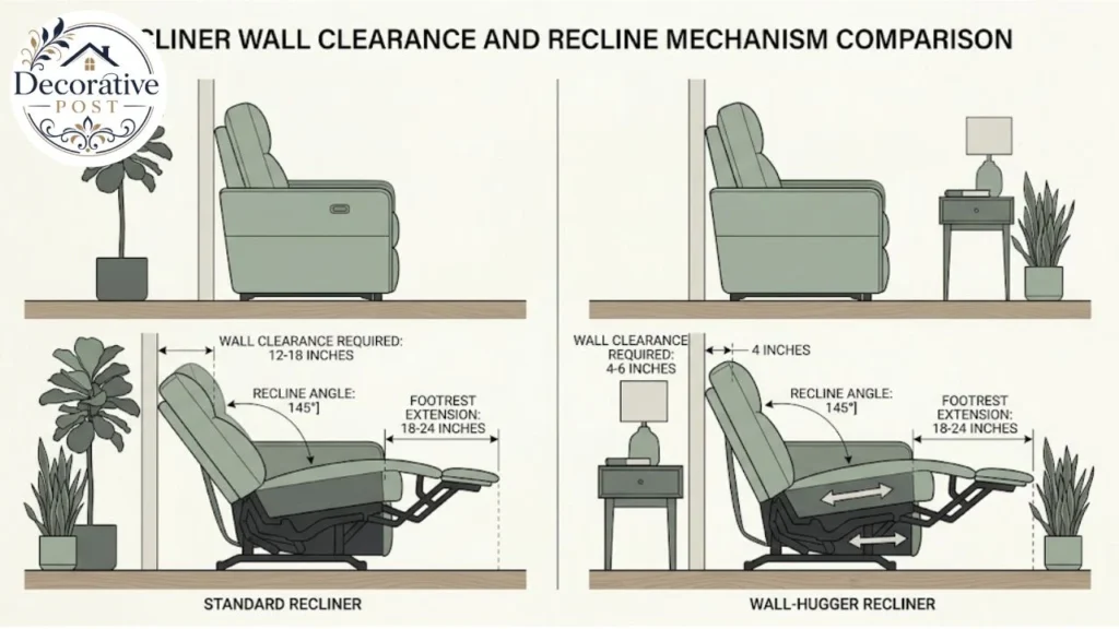 Diagram comparing a standard recliner mechanism with a wall-hugger sliding seat
