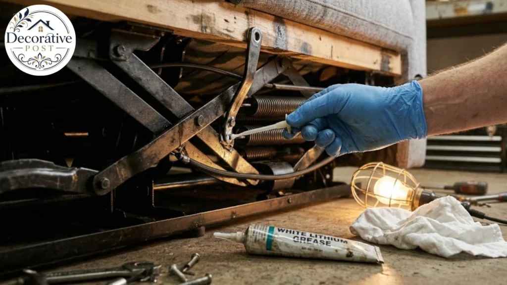 Applying white lithium grease to a pivot point on a recliner mechanism