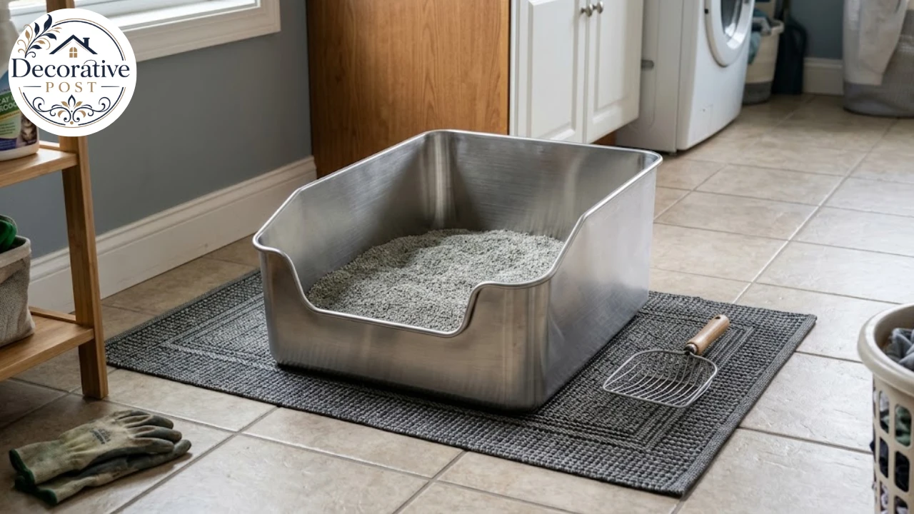 Brushed stainless steel litter box with low front entry and high sides on a utility room floor