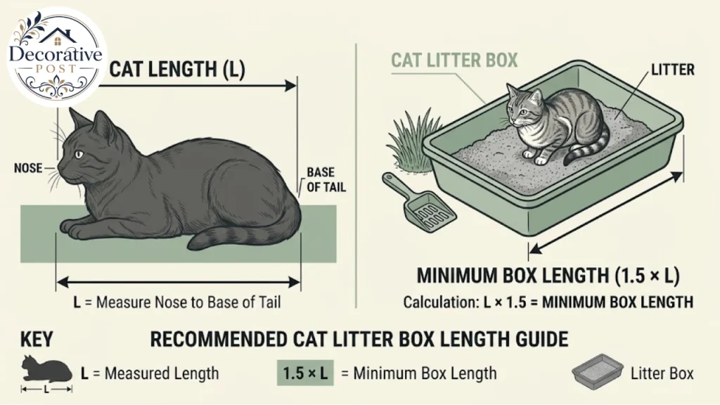 Diagram showing how to measure a cat nose to tail base and multiply by 1.5 for box length