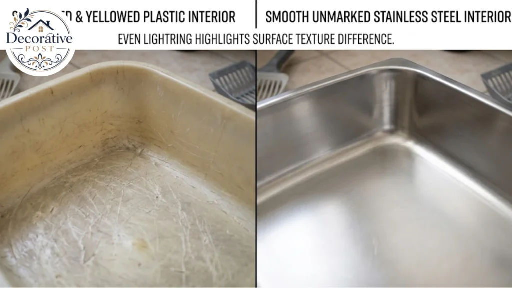 Comparison of a scratched plastic litter box interior against smooth stainless steel