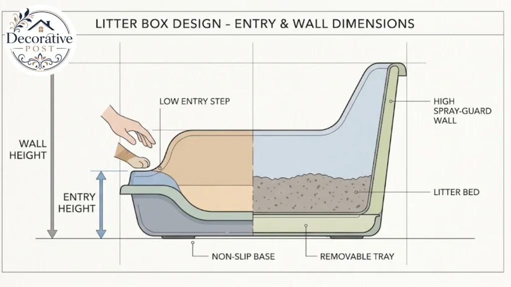 Diagram distinguishing litter box entry height from overall wall height