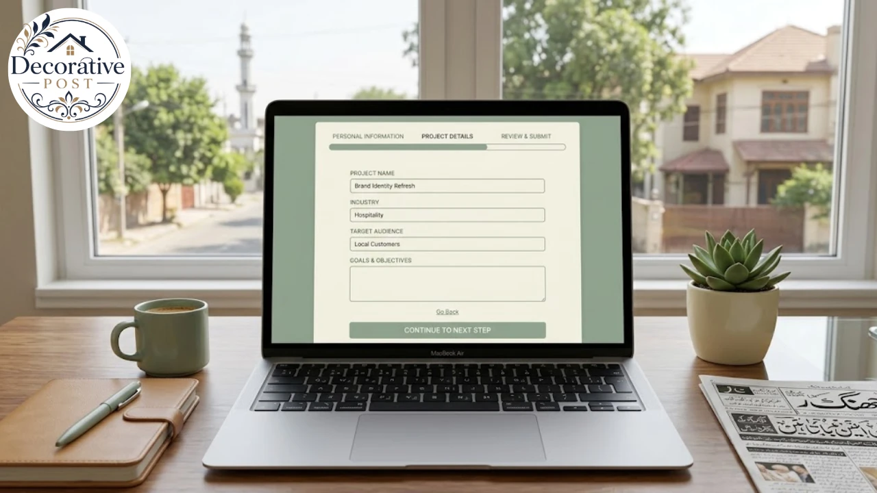 Multi-step client intake form on a laptop showing a progress indicator and single-column fields