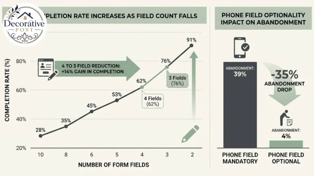 Charts showing form completion improving with fewer fields and lower abandonment with optional phone