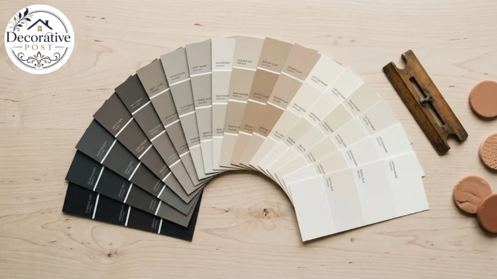 Neutral paint colour sample cards fanned out showing a range of grey shades