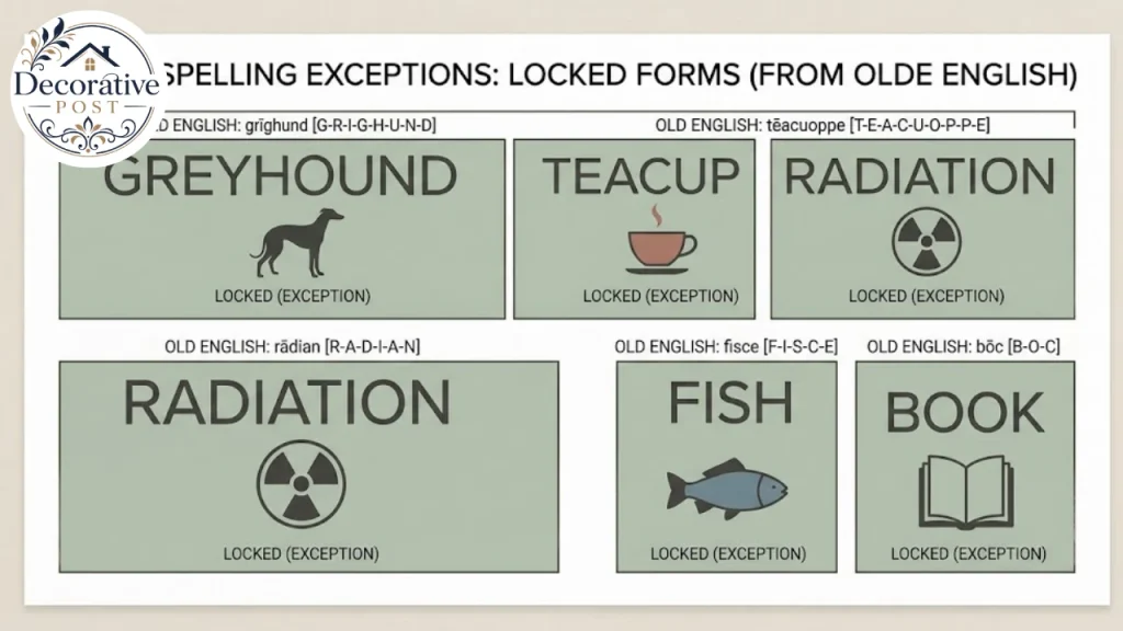 Infographic showing the fixed spelling exceptions including greyhound, Earl Grey and the gray unit