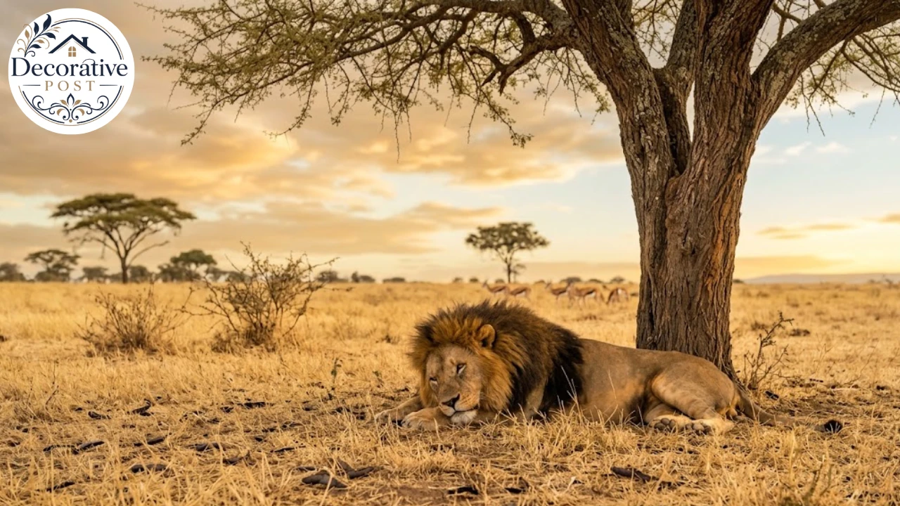 Adult lion resting in the open on savannah rather than in a den