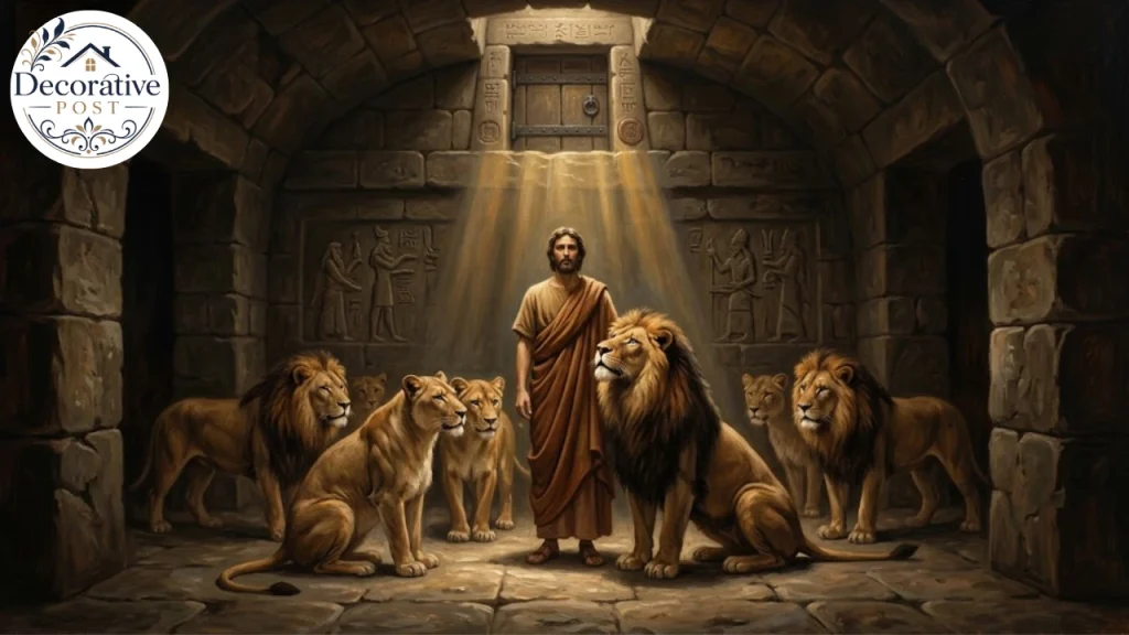 Illustration of the Daniel in the lions' den narrative in a sealed stone chamber
