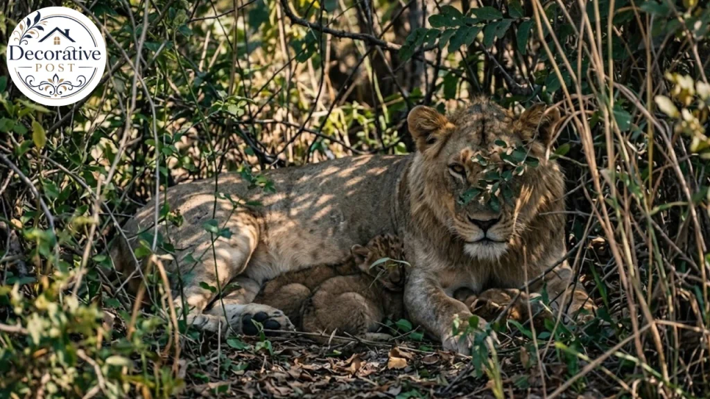 Lioness with young cubs hidden in dense thicket vegetation at a denning site