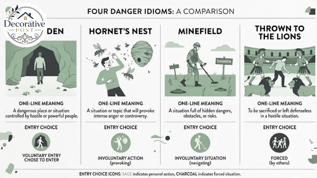 Infographic comparing lion's den with hornet's nest, minefield and thrown to the lions