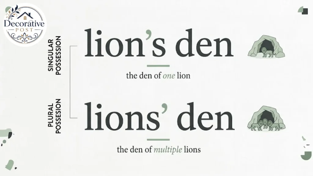 Typographic comparison of lion's den and lions' den apostrophe placement