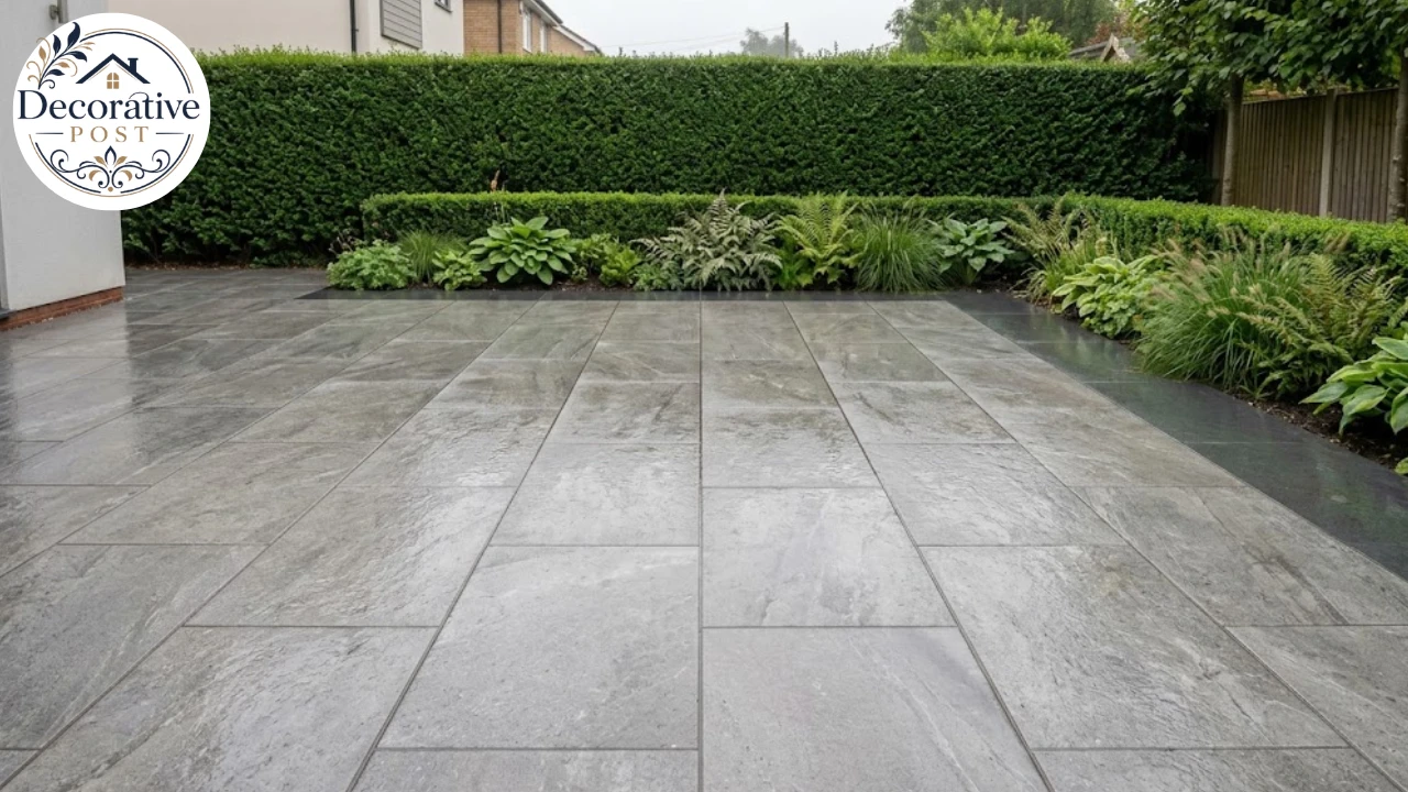 20mm grey stone-effect porcelain paving laid in tight courses on a garden terrace