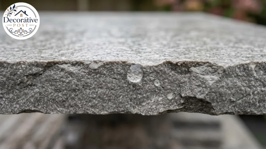 Cross-section of 20mm porcelain paving showing the dense vitrified body and water beading on the surface