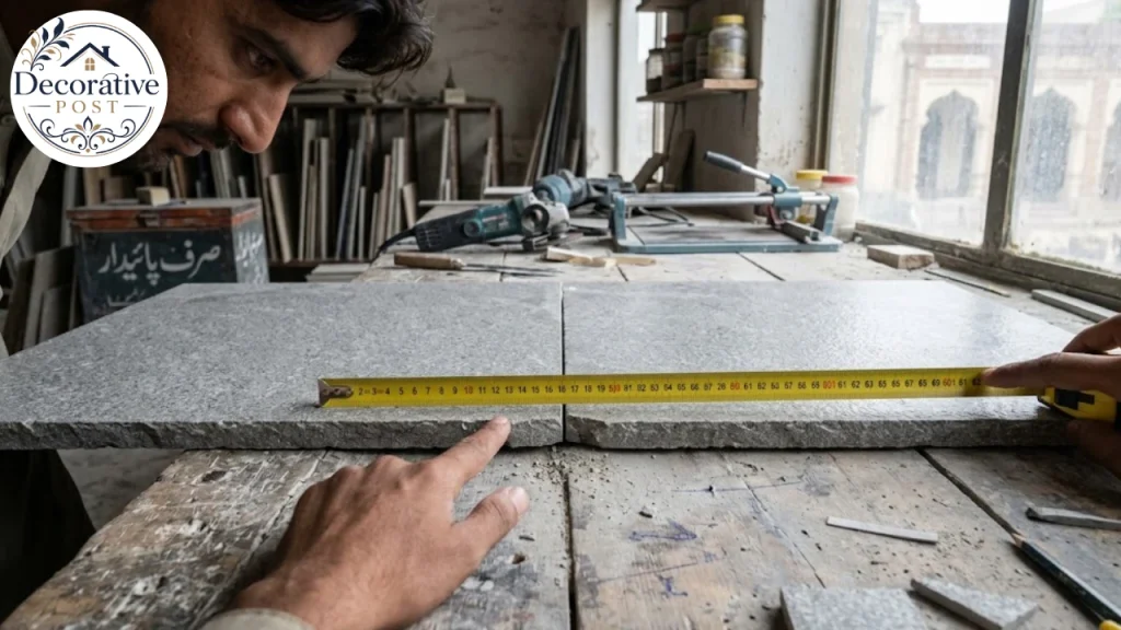 Tape measure across two porcelain slabs showing size variation between unrectified units