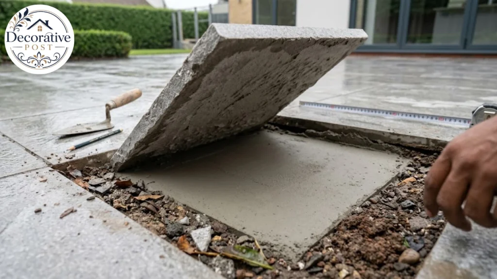 Lifted porcelain slab revealing a smooth mortar bed with no bond, the signature of skipped primer