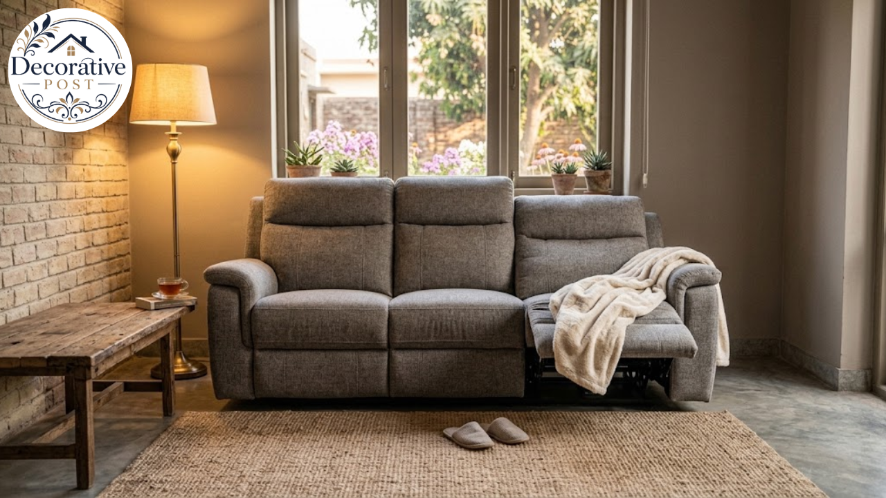 Three-seat grey recliner sofa with one end seat reclined and footrest extended in a living room