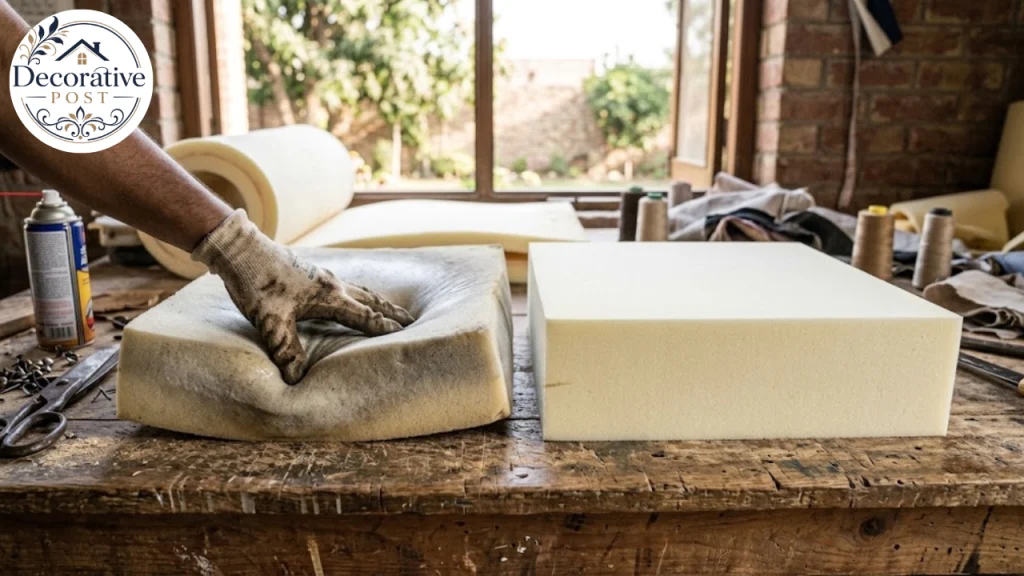 Collapsed low-density seat foam beside a firm high-density block showing the difference in longevity